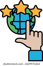A hand pointing at a globe with three stars on it. The globe is surrounded by a green circle