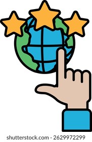 Una mano que apunta a un globo terráqueo con tres estrellas. El globo está rodeado por un círculo verde