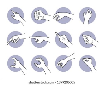 Hand pointing and grabbing gestures. Vector illustrations of hand poses and actions of showing direction, pointing the way, and taking things.