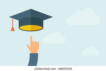 A hand pointing to graduation cap icon. A contemporary style with pastel palette, light blue cloudy sky background. Vector flat design illustration. Horizontal layout with text space on right part.