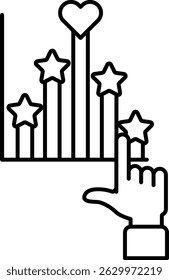 A hand pointing at a graph with five stars and a heart. The graph is a chart of ratings, and the hand is indicating that the ratings are high