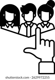 A hand pointing at a group of people. The people are all dressed in business attire