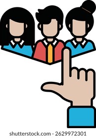 A hand pointing at a group of people. The people are wearing business attire and are standing close together