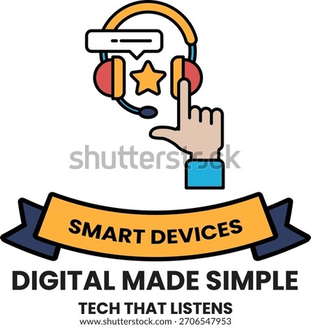 A hand pointing to a headset with a star on it. The image is titled Smart Devices Digital Made Simple