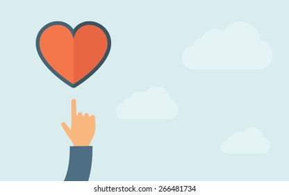 A hand pointing heart icon. A contemporary style with pastel palette, light blue cloudy sky background. Vector flat design illustration. Horizontal layout with text space on right part.