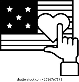 A hand pointing to a heart on an American flag. The image conveys a message of love and unity