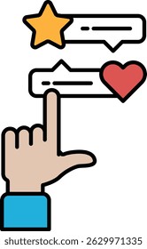 A hand pointing to a heart and a star. The hand is pointing to the heart, which is red, and the star is yellow. Concept of appreciation and positivity