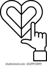 A hand pointing to a heart. The heart is surrounded by a leaf. Concept of love and appreciation