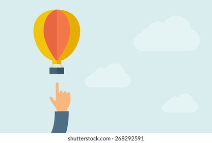 A hand pointing hot air balloon. A contemporary style with pastel palette, light blue cloudy sky background. Vector flat design illustration. Horizontal layout with text space on right part.