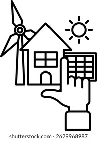 A hand is pointing to a house and a windmill. The house is surrounded by a windmill and the sun is shining on the house