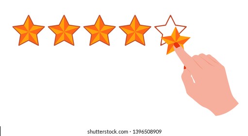 Hand pointing with the index finger on the fifth star to rate online shop, product or service