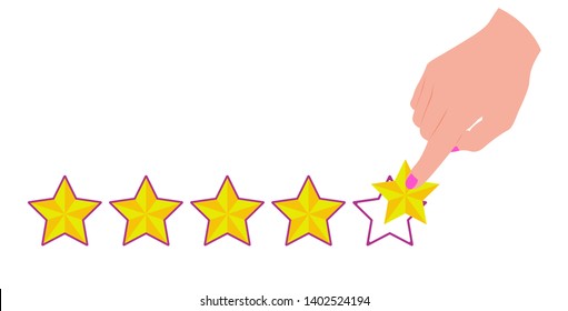 Hand pointing with the index finger on the fifth star to rate online shop, product or service. Colored isolated vector illustration
