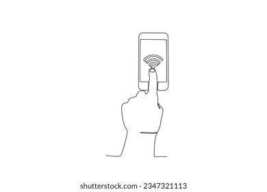 A hand pointing at the Internet network on the cellphone. International internet day one-line drawing