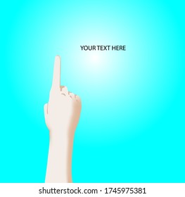 Eine Hand, die auf Leerzeichen zeigt, mit dem vorgeschlagenen Platz für Text, über Blau isoliert.