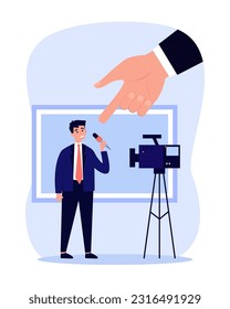 Hand pointing at journalist with microphone vector illustration. Reporter struggling to work because of state propaganda, desinformation, AI. Lack of media freedom of speech concept