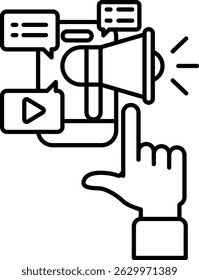 A hand pointing to a large speaker with a microphone. The speaker is surrounded by a lot of text and images, including a video