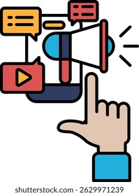 A hand pointing to a large speaker with a red, blue and yellow background. The speaker is surrounded by a lot of text and images