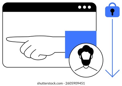 A hand pointing to the left inside a browser window. Below is a user profile icon and a downward blue arrow leading to a secure lock icon. Ideal for web design, user interfaces, navigation