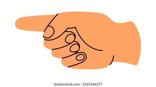 Hand pointing to left side by index finger flat color vector illustration. Showing direction gesture closeup cartoon icon on white background