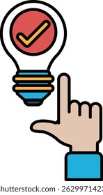 A hand pointing to a light bulb with a check mark on it. Concept of a bright idea or a creative solution
