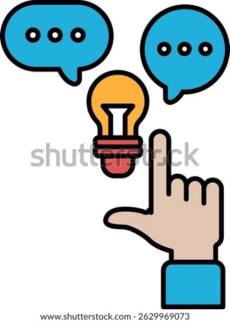 A hand pointing at a light bulb with a speech bubble saying "light bulb". Concept of a light bulb being a symbol of inspiration or a moment of realization