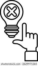 A hand pointing to a light bulb with an X on it. Concept of a failed attempt or a negative outcome