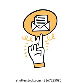 Hand pointing to mail icon inside speech bubble. Doodle representation of messages and alerts.