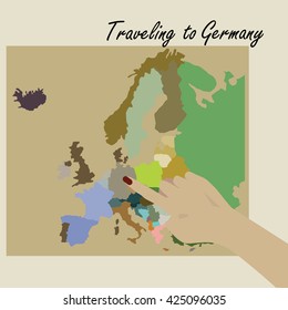 Hand pointing to map the Germany. Traveling to Germany. Map of Europe.