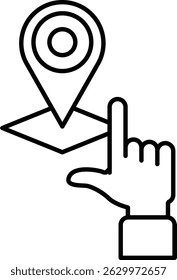 A hand pointing to a map with a pin on it. The map is a square and the hand is pointing to the top left corner