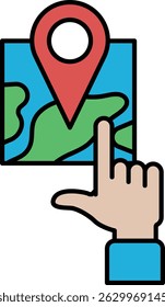 A hand pointing to a map with a red pin on it. The map is blue and green