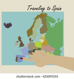 Hand pointing to map the Spain. Traveling to Spain. Map of Europe.