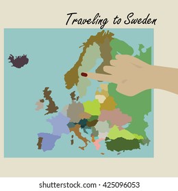 Hand pointing to map the Sweden. Traveling to Sweden. Map of Europe.