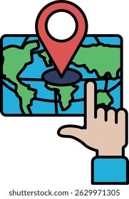A hand pointing to a map of the world. The map is drawn in a cartoon style and has a red pin on it