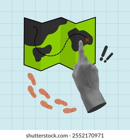 Hand pointing at marked location on the map. Treasure hunt concept. Travel and holiday theme. Flat vector pop art illustration.