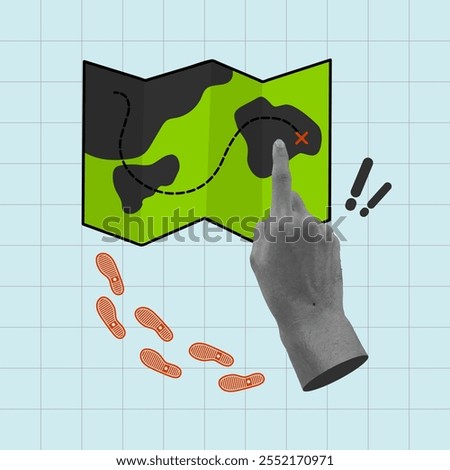 Hand pointing at marked location on the map. Treasure hunt concept. Travel and holiday theme. Flat vector pop art illustration.