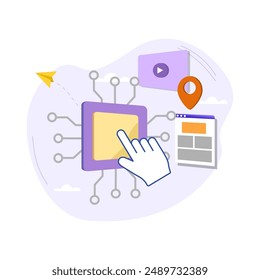 Hand pointing at microchip managing video player website and location pin