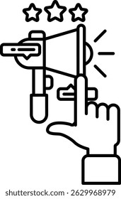 A hand pointing to a microphone with three stars above it. Concept of a microphone being used to amplify sound, and the three stars represent a rating or a level of quality