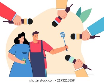Hand pointing microphones at chef with wife. Journalists asking couple questions about family business flat vector illustration. Journalism, family, cafe concept for banner or landing web page