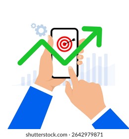 Main pointant vers le téléphone mobile avec flèche vers le haut et le groupe cible d'affaires. Concept de succès. Sur fond blanc. Illustration vectorielle.