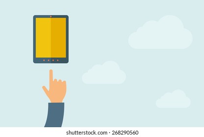 A hand pointing mobile phone with blank screen. A contemporary style with pastel palette, light blue cloudy sky background. Vector flat design illustration. Horizontal layout with text space on right
