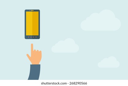 Um telefone celular apontando à mão com tela em branco. Um estilo contemporâneo com paleta pastel, fundo azul claro do céu nublado. Ilustração de design plano vetorial. Layout horizontal com espaço de texto à direita