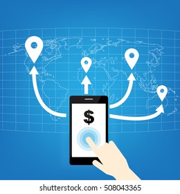 Hand pointing mobile phone with icons. Concept of communication in the network. This image contains transparency.on earth map Elements of this image furnished by NASA ,creative technology design.