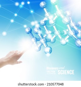 .Hand pointing to the molecule in the blue sky. Vector illustration.