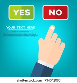 Hand pointing at no instead of yes button. Business success, goal, achievement, challenge, confidence, belief and motivation concept.