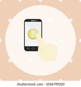 hand pointing on bitcoin in smartphone vector in cartoon style on an orange background, vector illustration