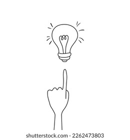 La mano apuntando a una lámpara. Idea y creatividad Icono de ilustración vectorial concepto. Doodle vectorial 