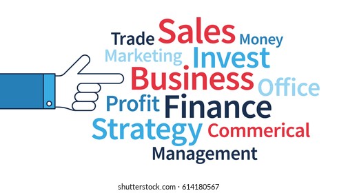 Hand is pointing on business word collage, illustration vector