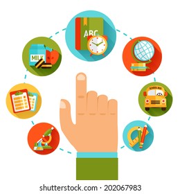 Hand pointing on education icons set studying elements concept vector illustration