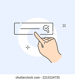 Hand pointing on search bar. Design element for navigation screen. Hand drawn style vector design illustration