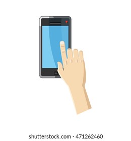 Hand pointing on smartphone icon in cartoon style on a white background